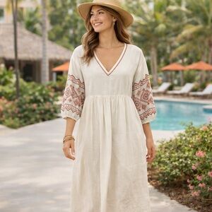 Madewell Ivory Embroidered Linen Blend Midi Dress 3/4 Sleeves Size Small NWOT
